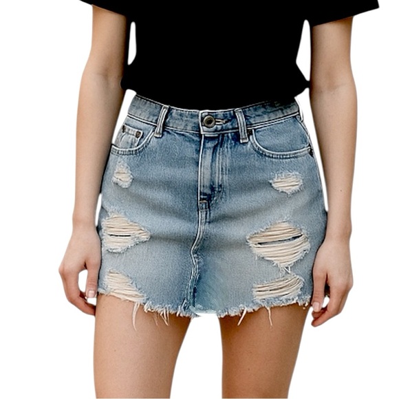 COLCCI Distressed Denim Mini Skirt Gold COLCCI Hardware Zip Button Frayed Hem - Picture 1 of 10